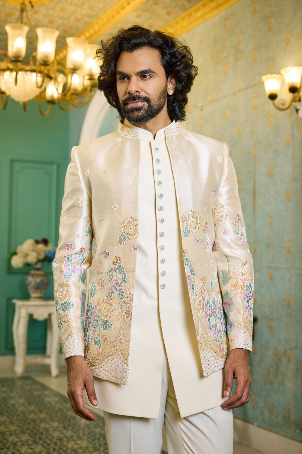 Embroidered indo-western kurta - Cream Floreal Open Indo-Western