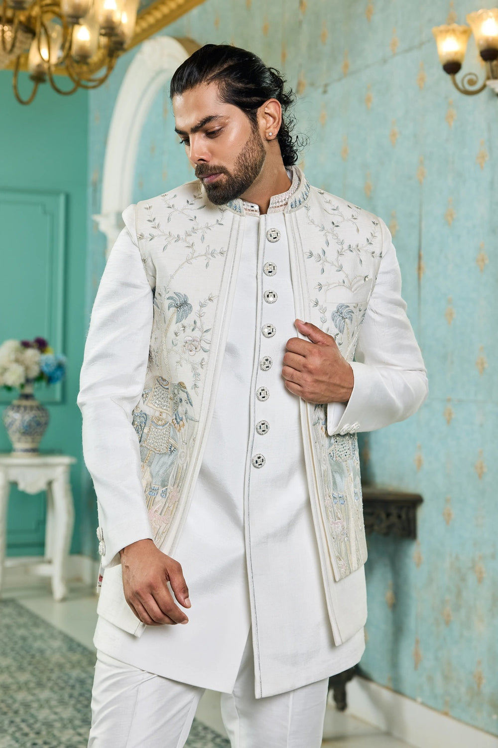 Embroidered indo-western kurta - Ivory Pastel Handwork Indo-Western