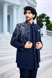 Embroidered indo-western kurta - Navy Blue Indo-Western with Multicolour Floral Embroidery