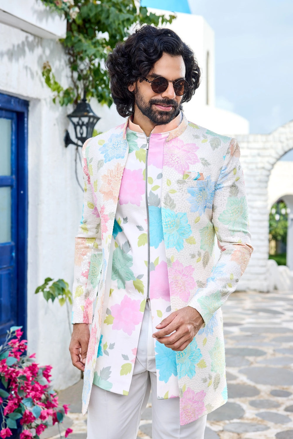 Embroidered indo-western kurta - Pastel Floral Printed Indo-Western for Men