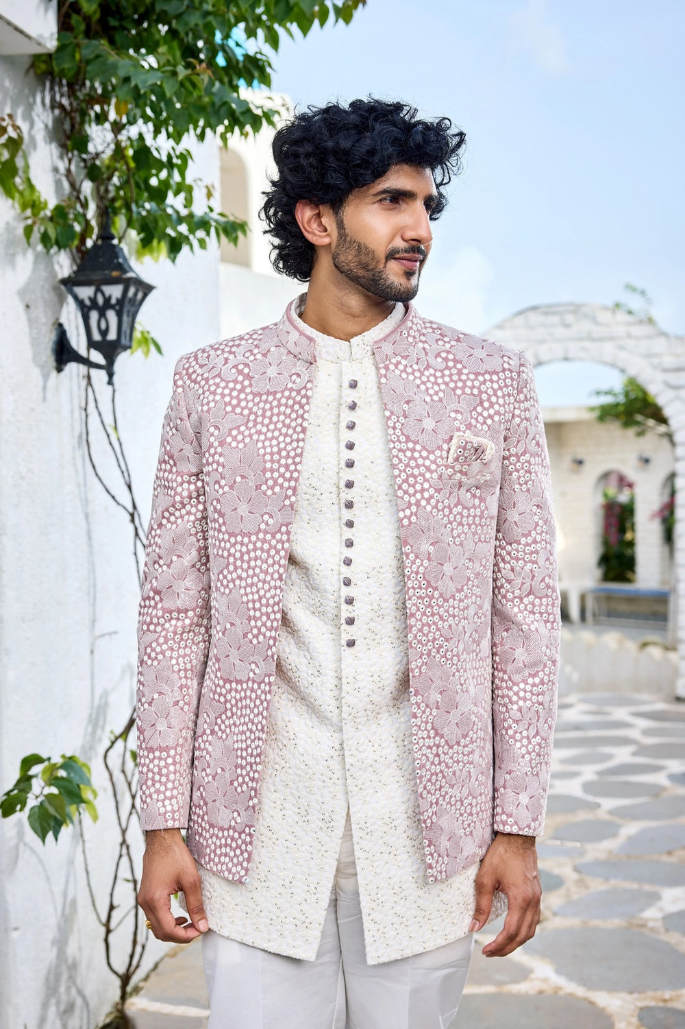 Embroidered indo-western kurta - Pastel Pink Floral Embroidered Indo-Western