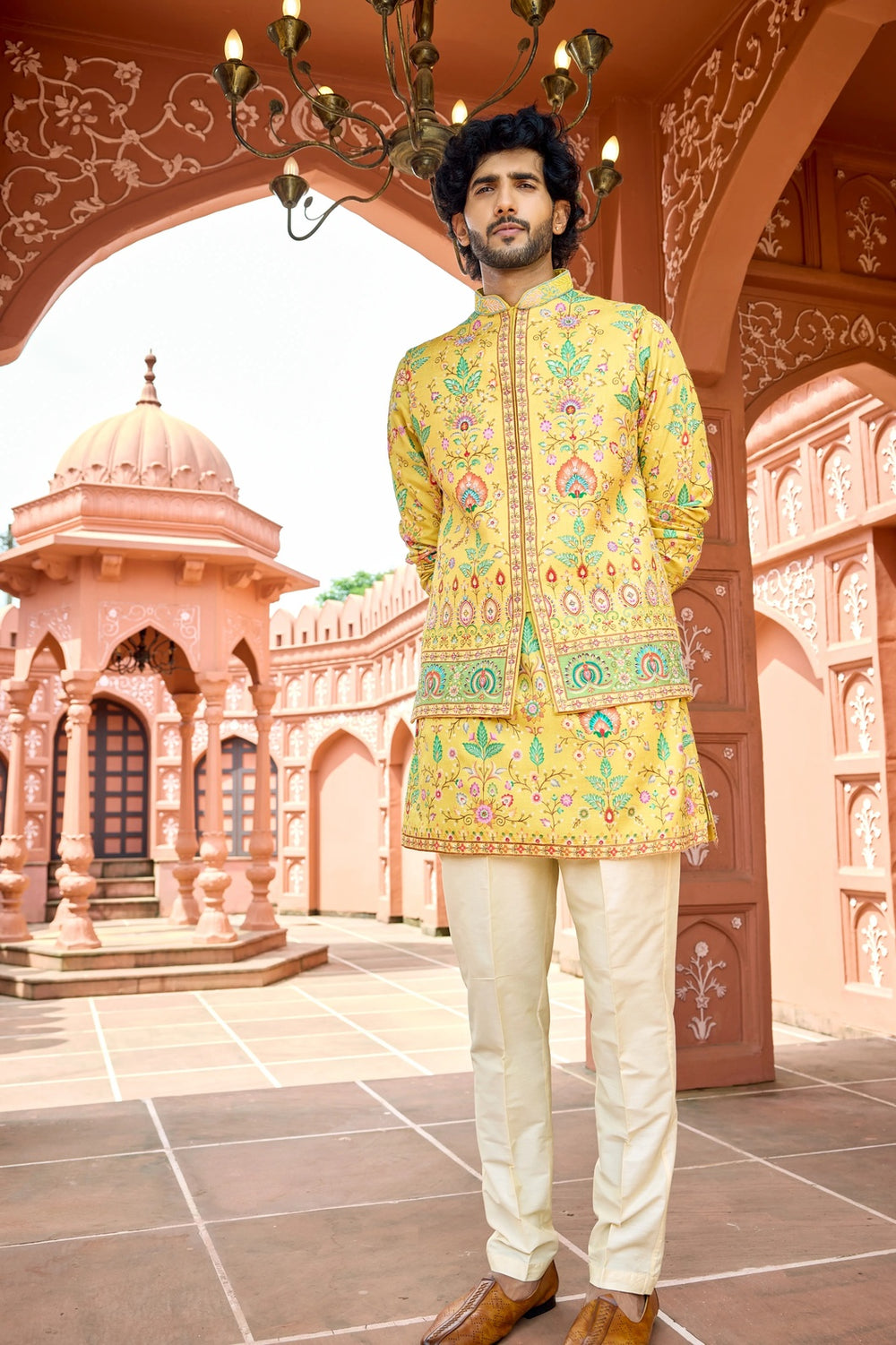 Embroidered jacket kurta - Yellow Multicolor Embroidered Kurta Jacket Set