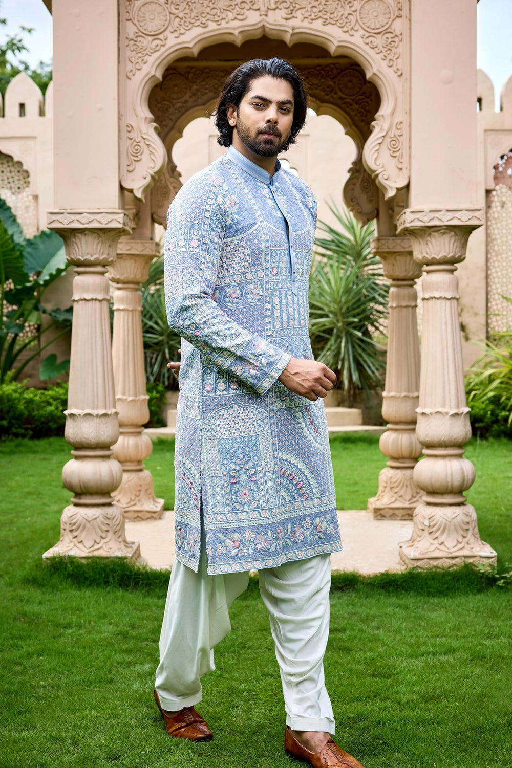 Embroidered Kurta Set – Sky Blue Pastel Floral Kurta Set