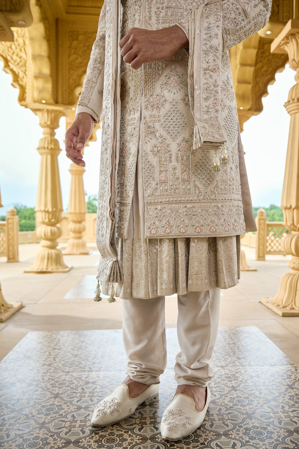 Embroidered sherwani - Beige Gold Jardozi Sherwani with Pearl Handwork