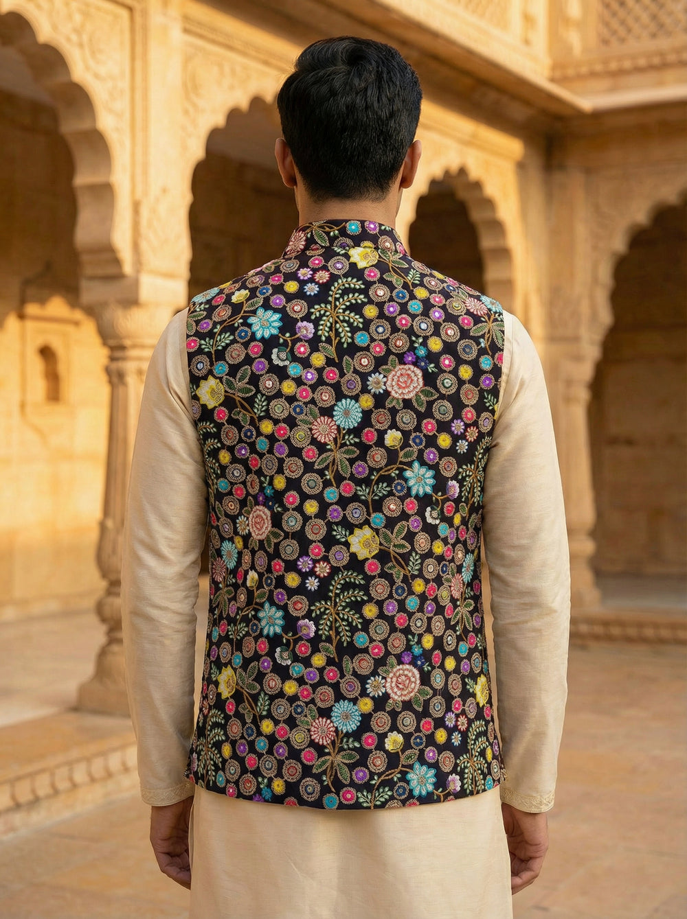 Ethnic Embroidered Koti - Dark Purple Multicolor Floral Embroidered Nehru Koti for Men