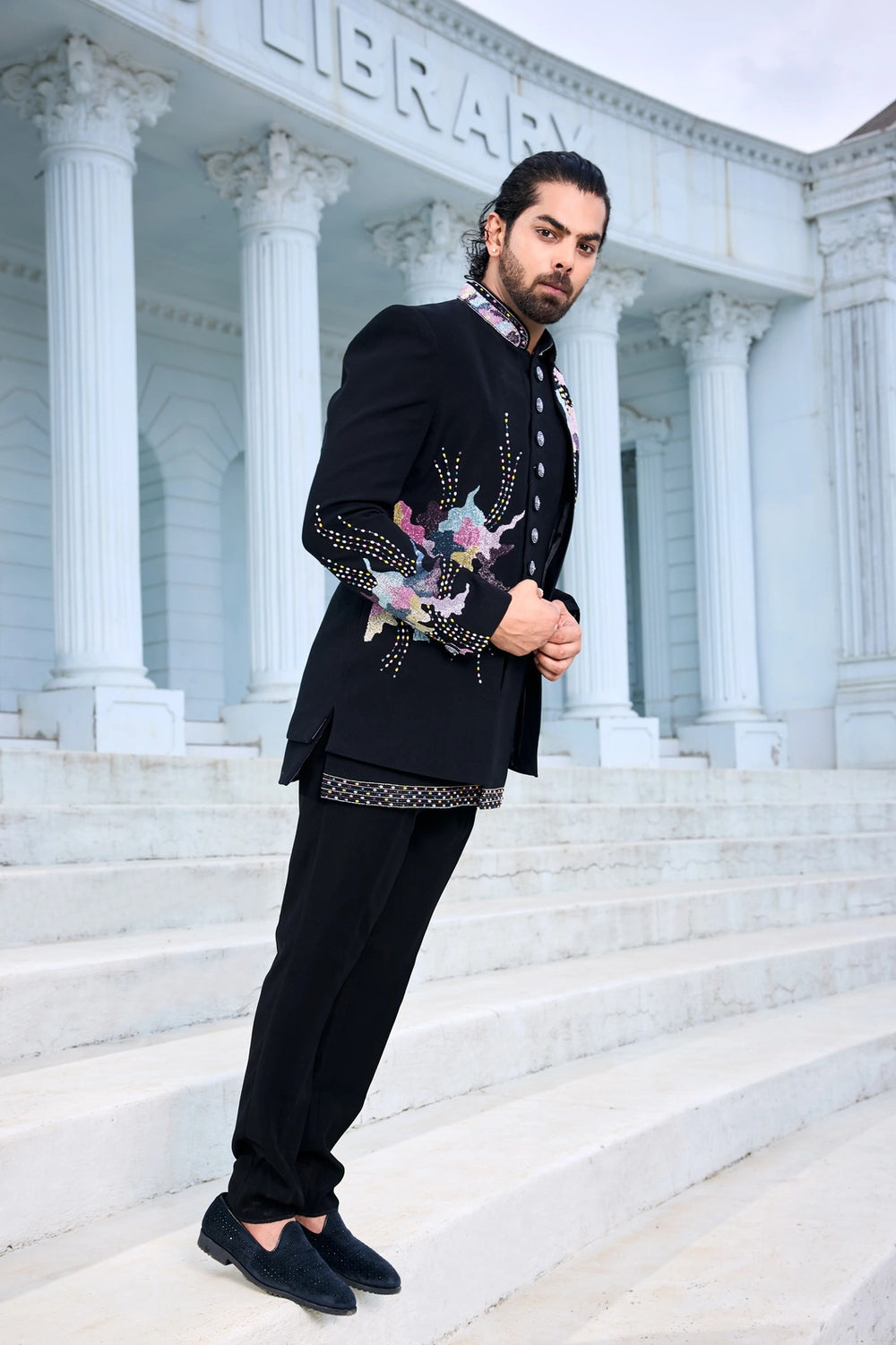 Ethnic indo-western kurta - Blue Indo-Western with Multicolour Hand Embroidery