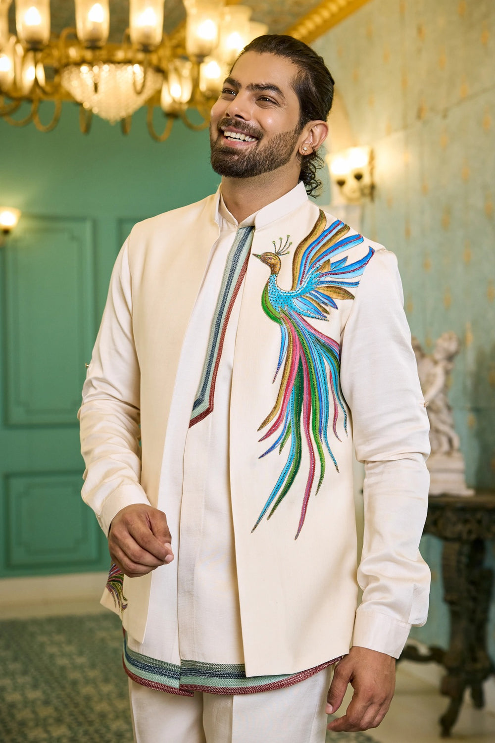 Ethnic jacket kurta - Ivory Peacock Glory Indo-Western