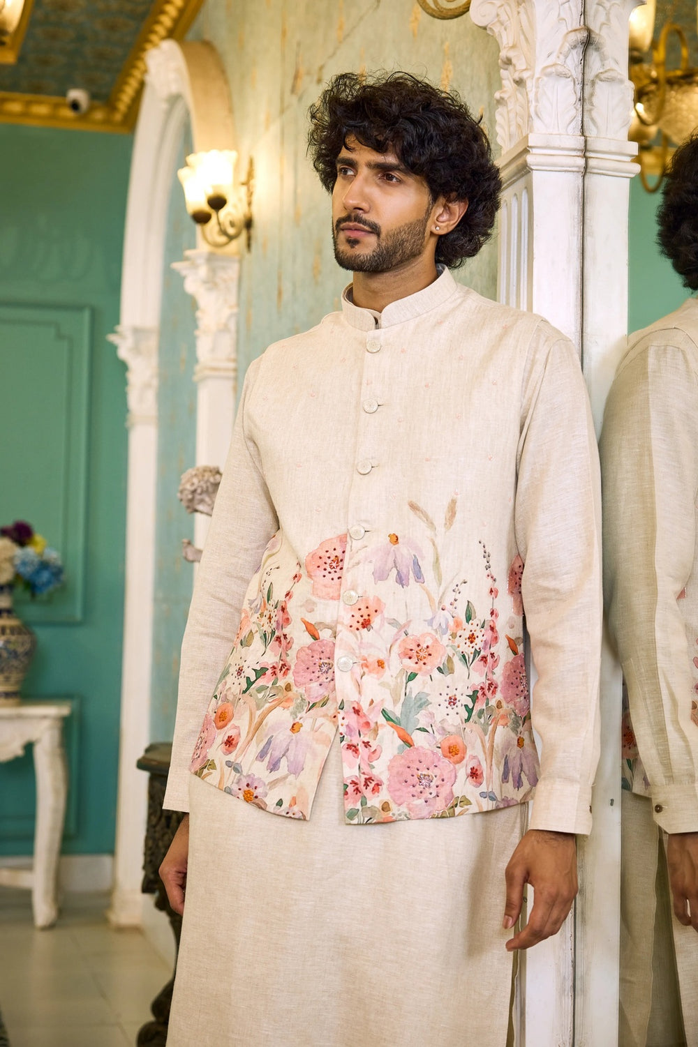 Ethnic jacket kurta - Natural Linen Floral Pastel Jacket Kurta Set