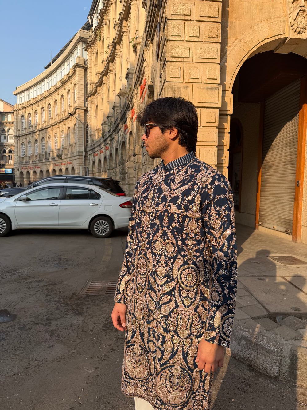 Ethnic Kurta Collection - Navy Blue Heavy Embroidered Kurta for Men