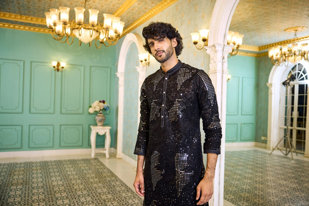 Ethnic Kurta for Men – Black Mirror Work Kurta Pajama