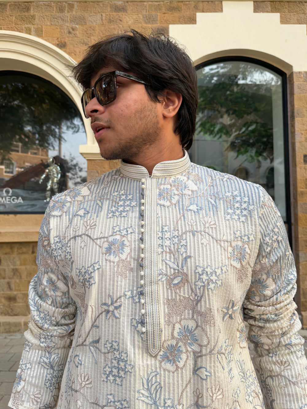 Ethnic Kurta for Men – Ivory Blue Floral Embroidered Kurta for Men