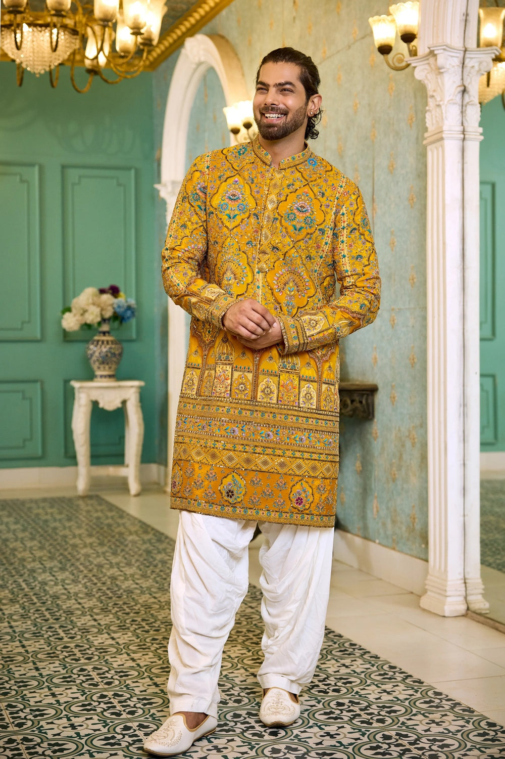 Ethnic Kurta for Men – Mustard Yellow Embroidered Mirror Work Kurta