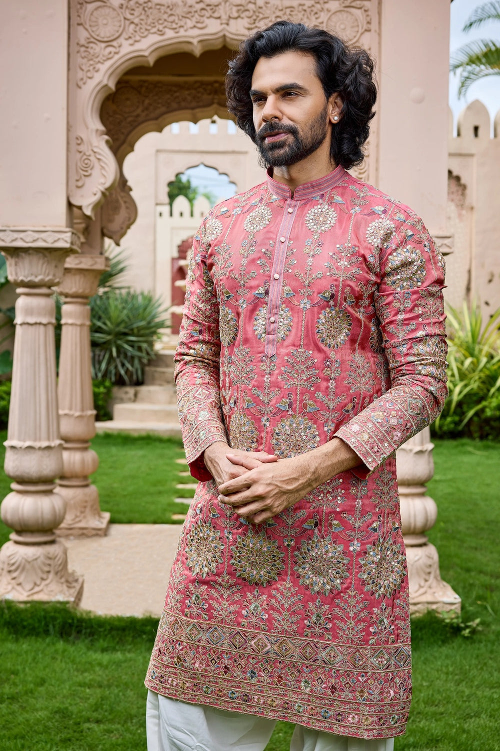 Ethnic Kurta for Men – Peach Pink Embroidered Kurta Set