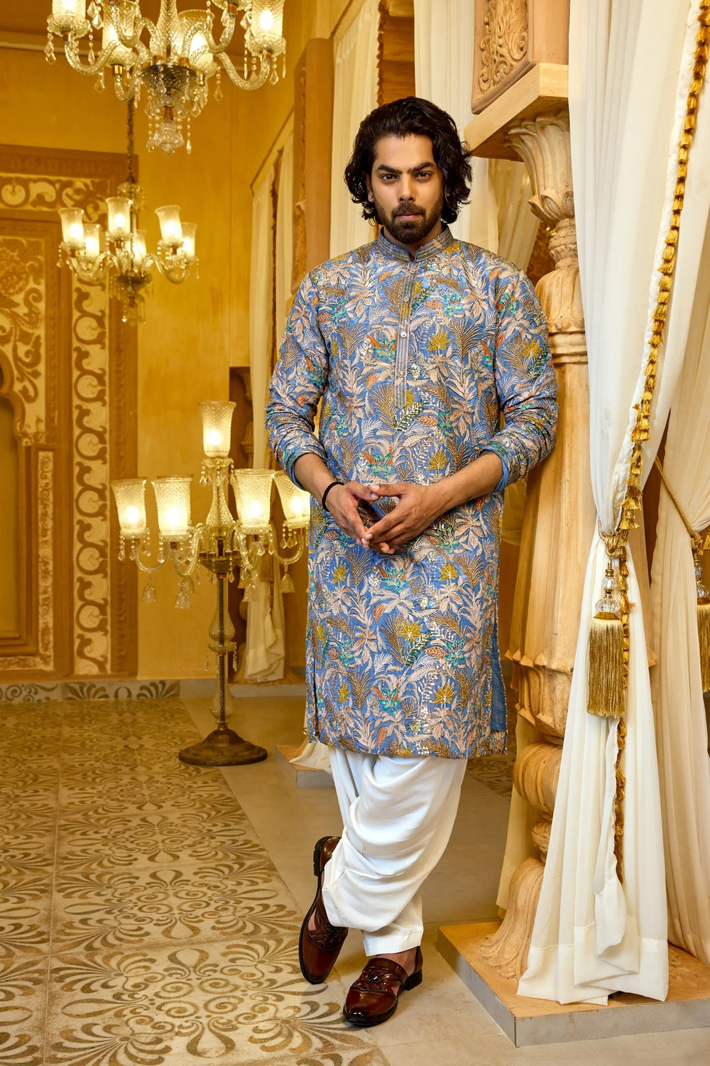 Ethnic Kurta for Men – Royal Blue Embroidered Floral Kurta Set