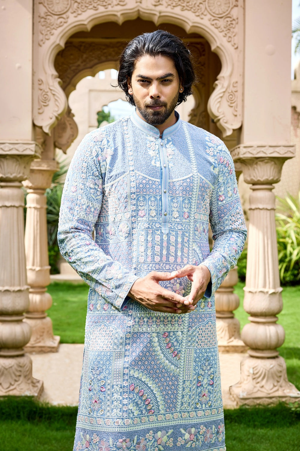 Ethnic Kurta for Men – Sky Blue Pastel Floral Kurta Set