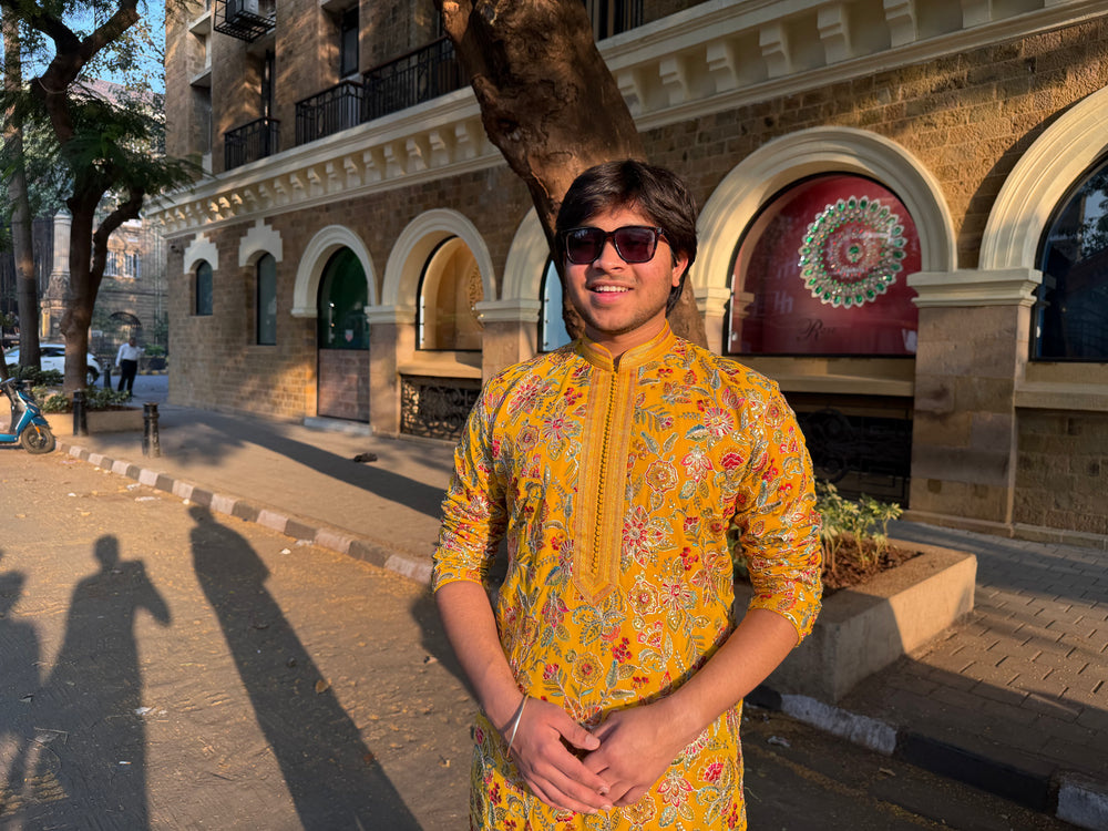 Ethnic Kurta – Mustard Yellow Floral Embroidered Kurta for Men