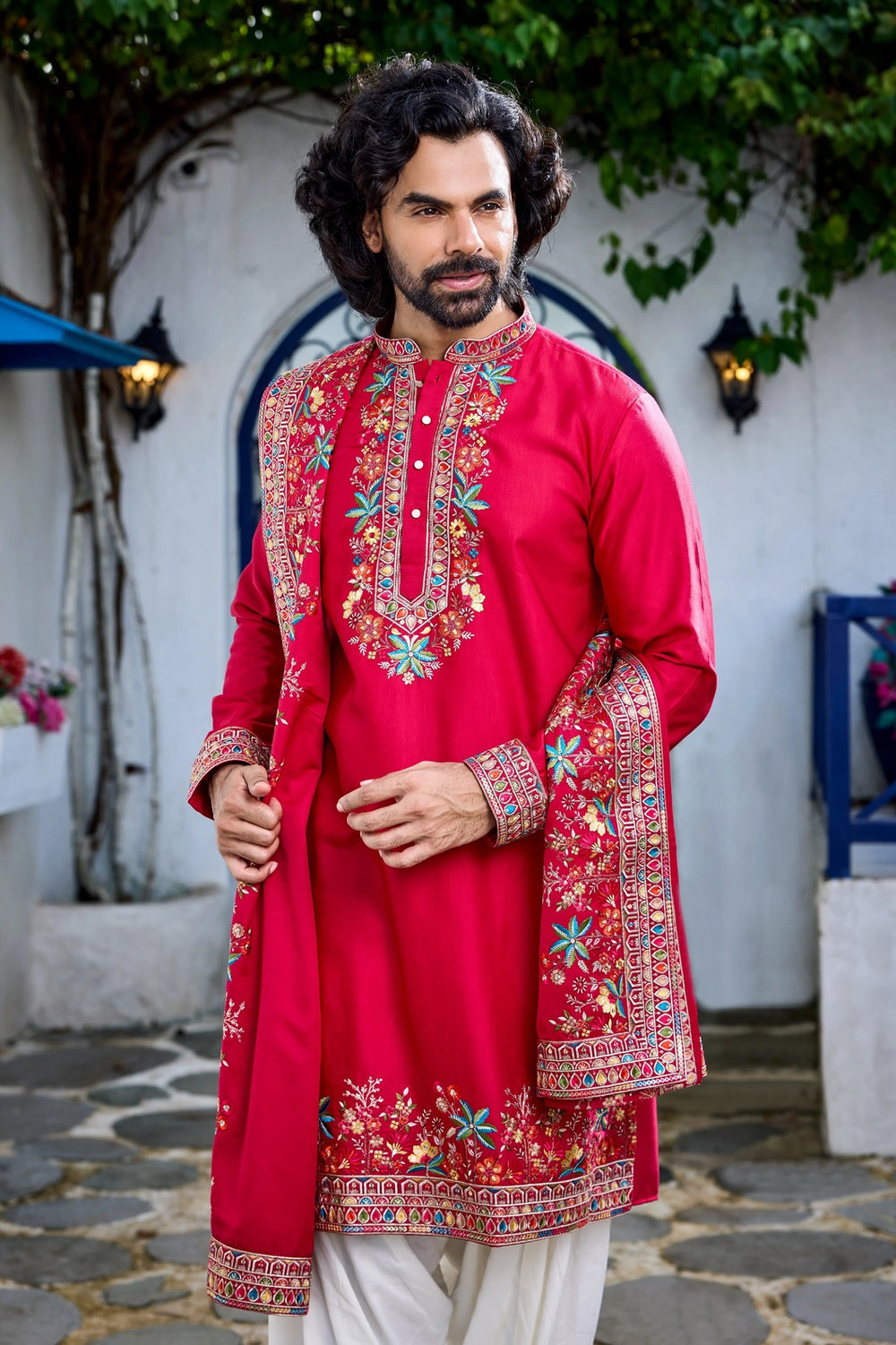 Ethnic Kurta Set – Dark Pink Floral Embroidered Kurta Set with Dupatta