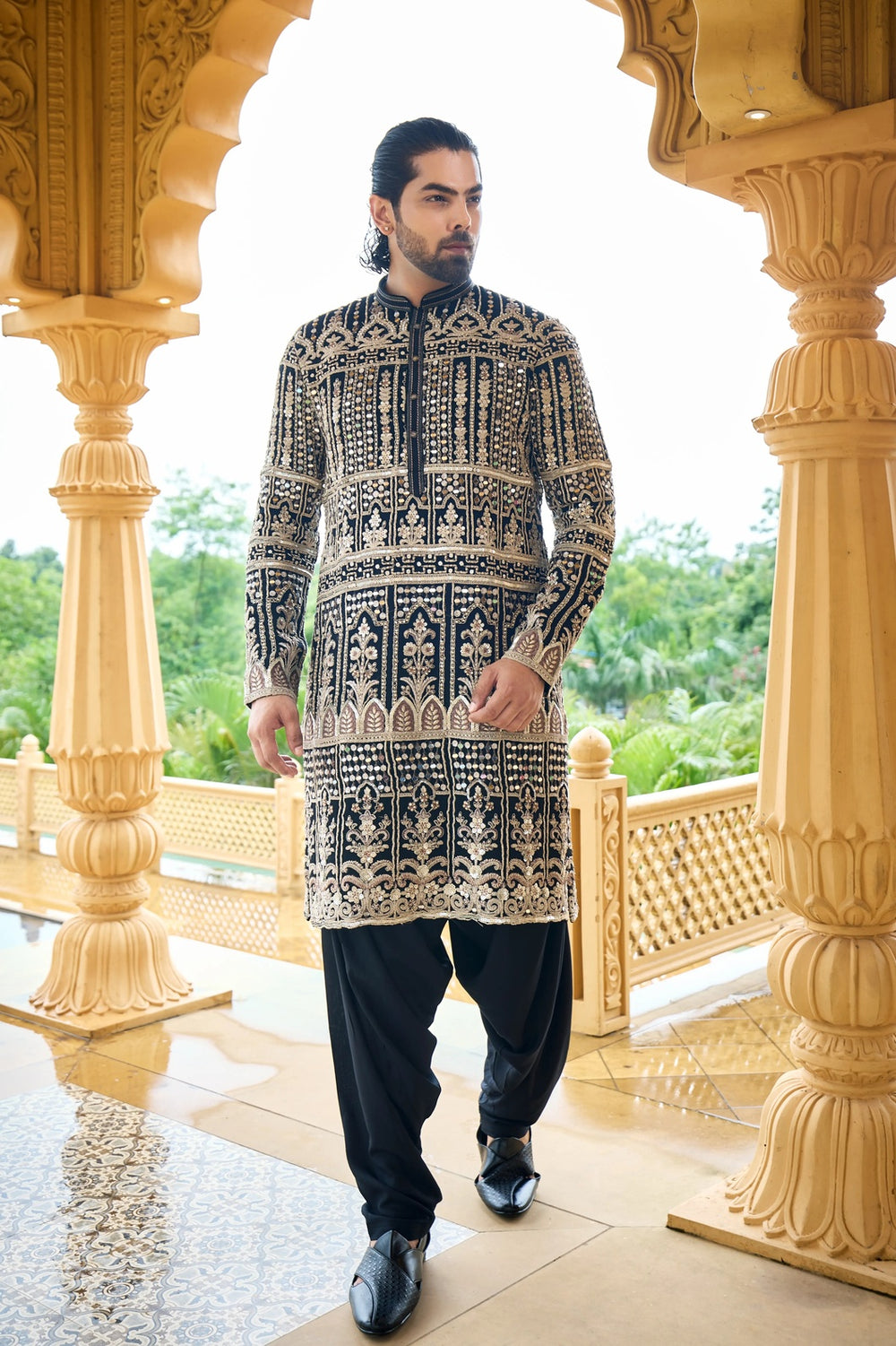 Ethnic Kurta Set for Men – Black Mirror & Gold Zari Embroidered Kurta Set