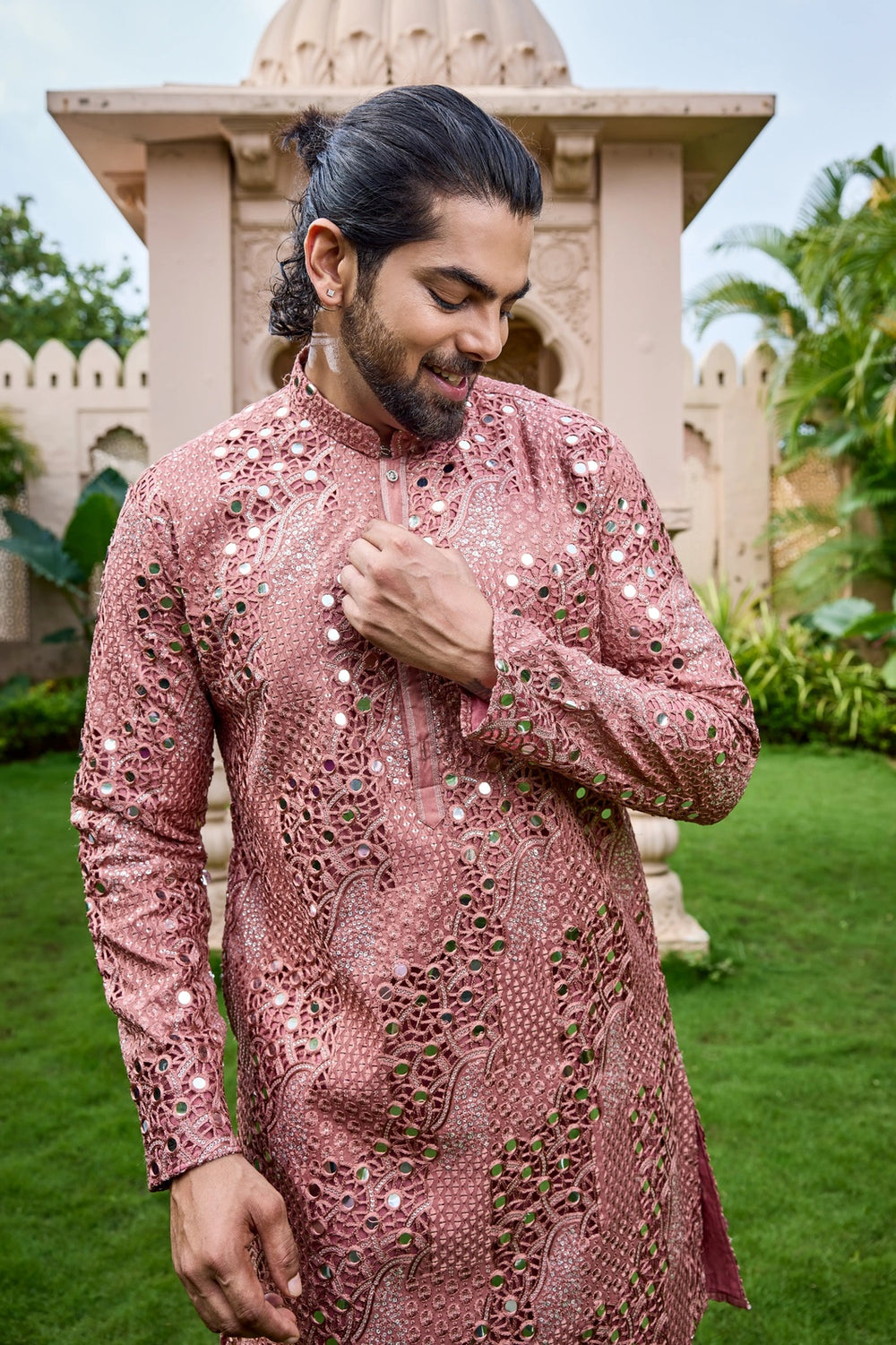 Ethnic Kurta Set for Men – Dusty Rose Embroidered Mirror Kurta Set
