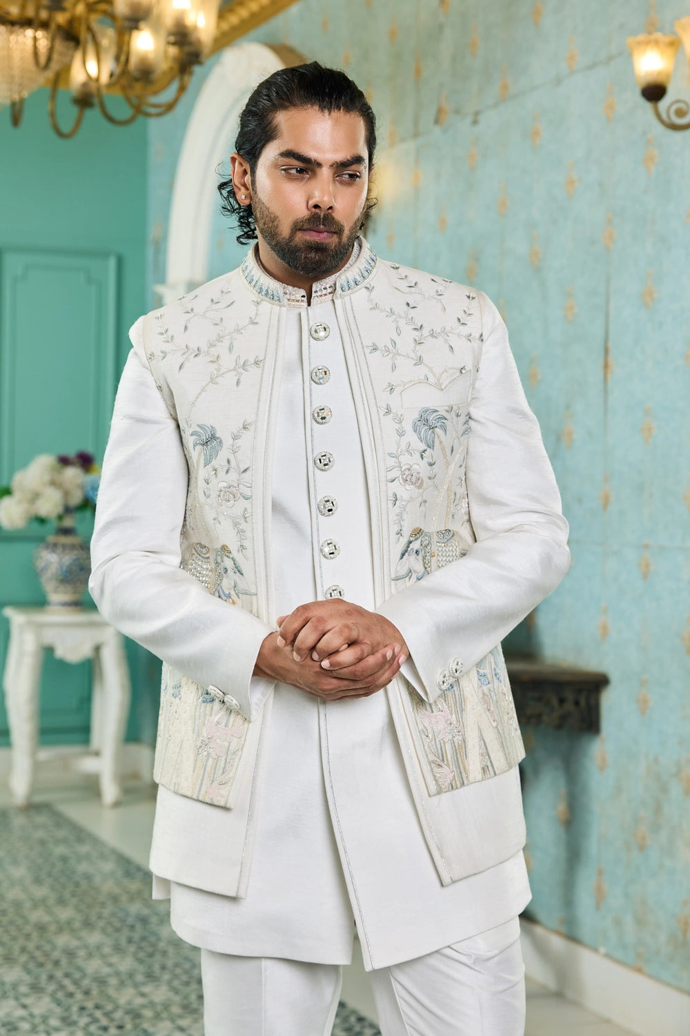 Festive indo-western kurta - Ivory Pastel Handwork Indo-Western