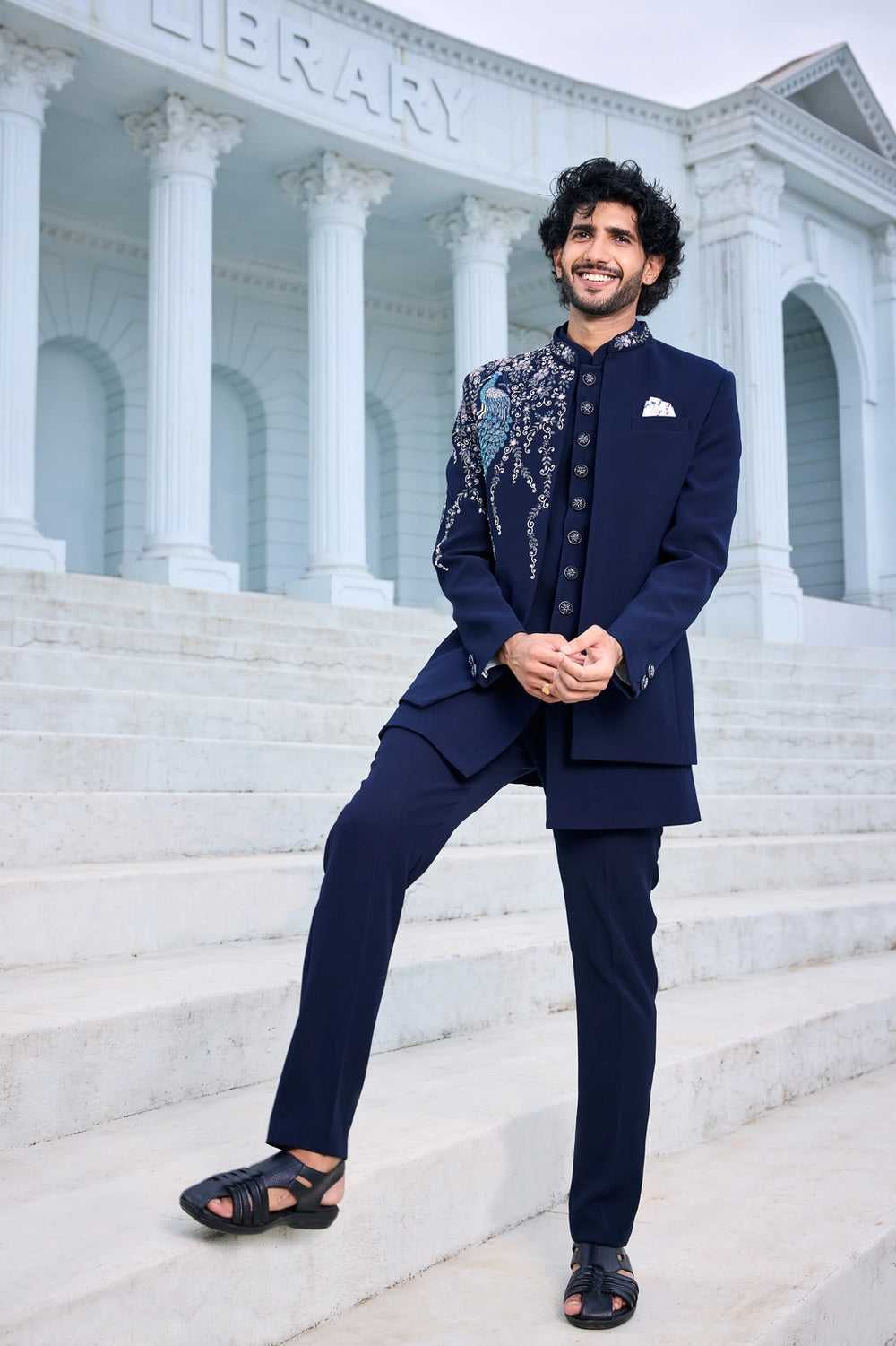 Festive indo-western kurta - Navy Blue Indo-Western with Multicolour Floral Embroidery