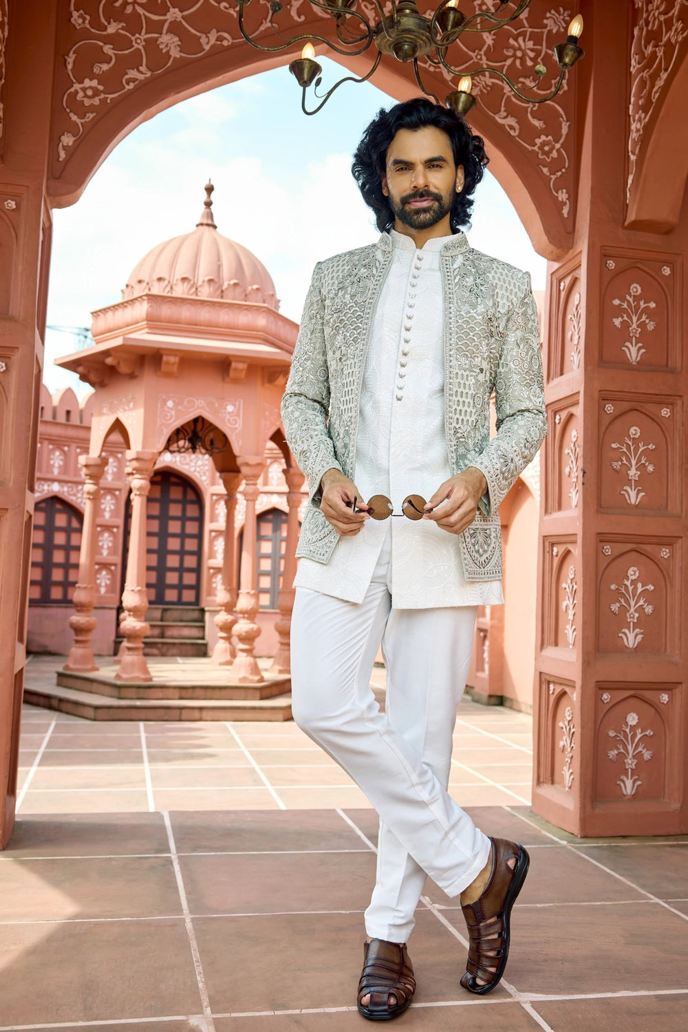 Festive indo-western - Pista Green Embroidered Indo-Western for Men