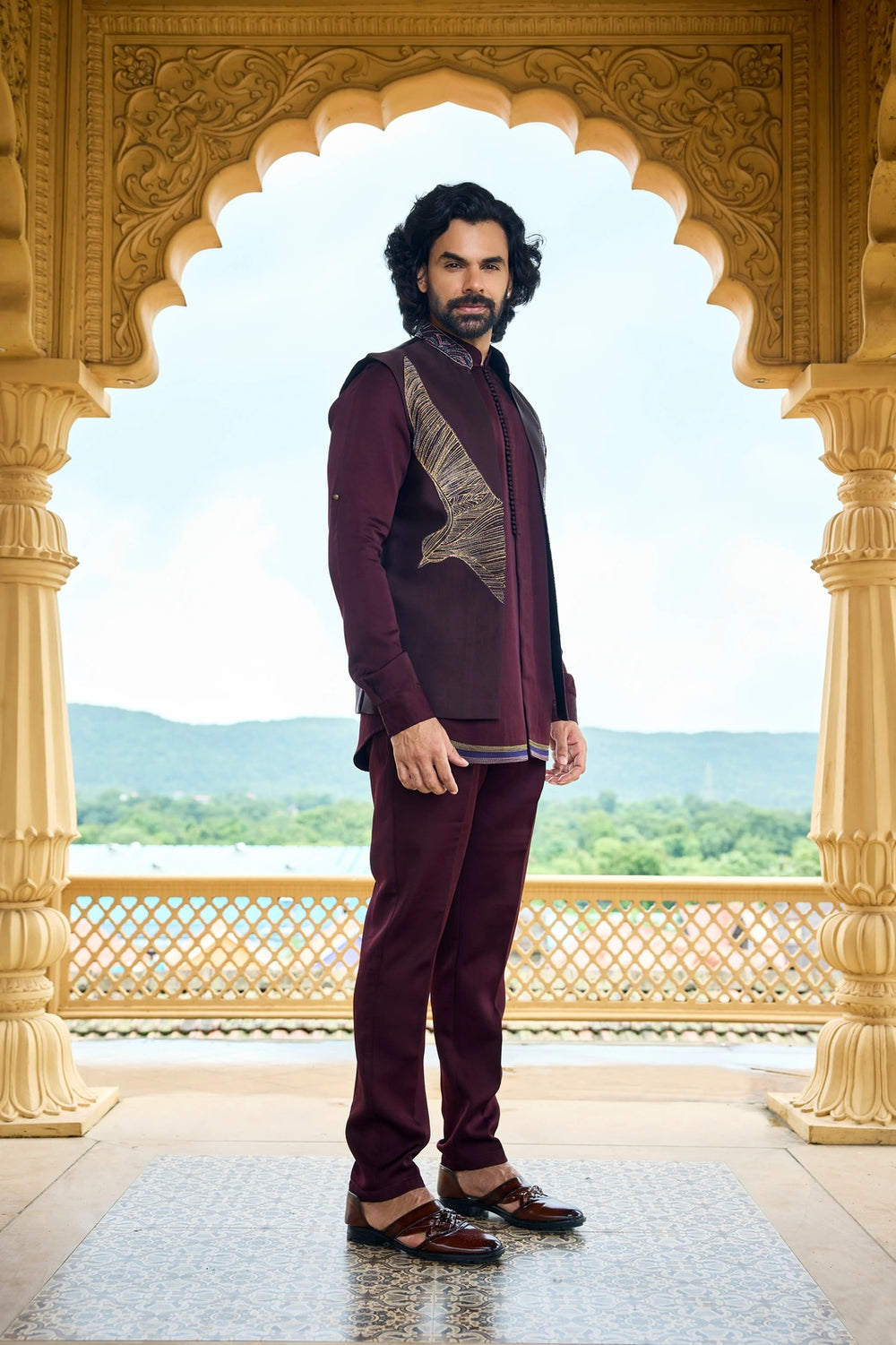 Festive indo-western - Wine Eagle Motif Short Jacket Indo-Western Set