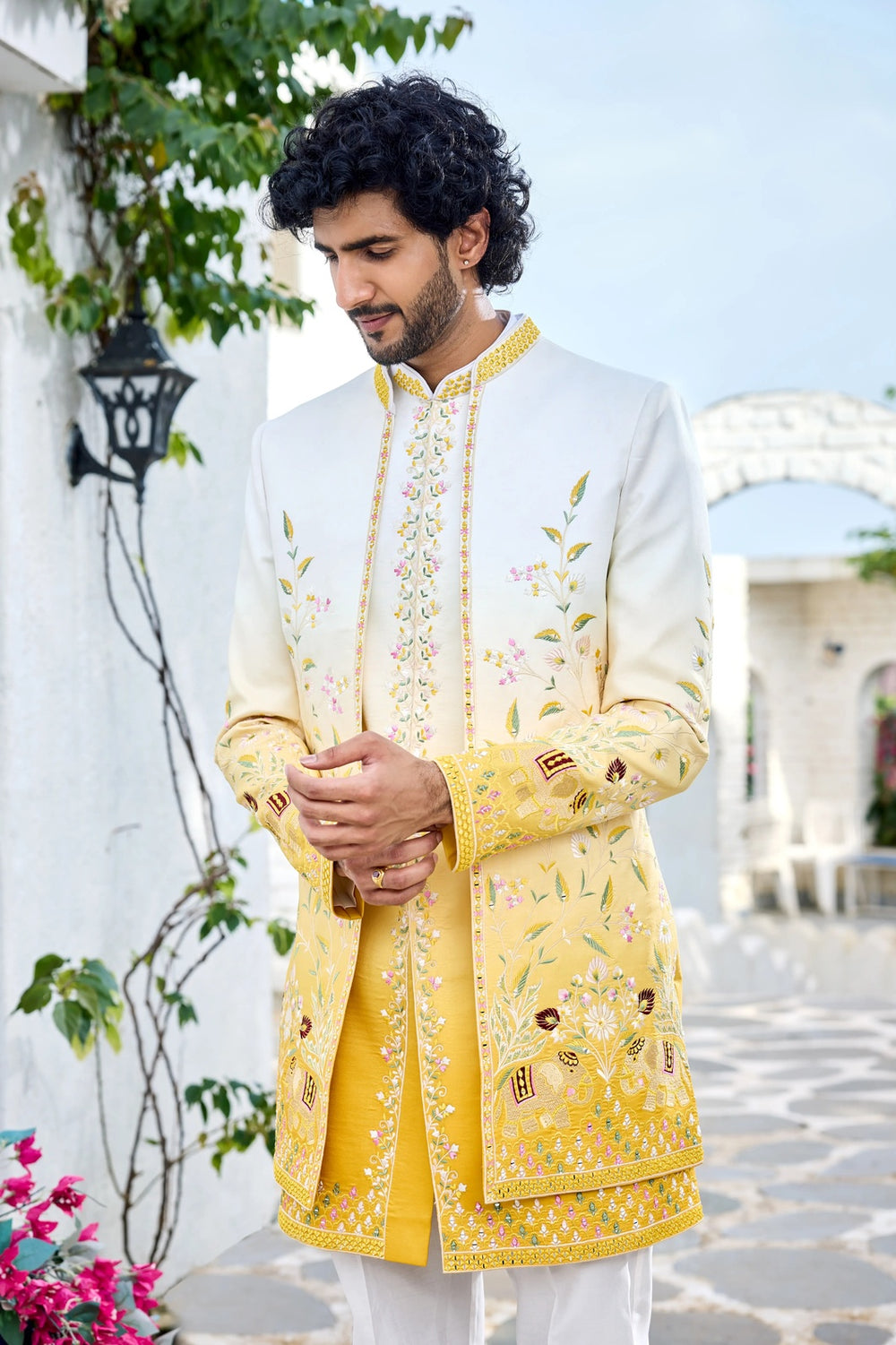 Festive indo-western - Yellow Ombre Indo-Western with Floral Hand Work