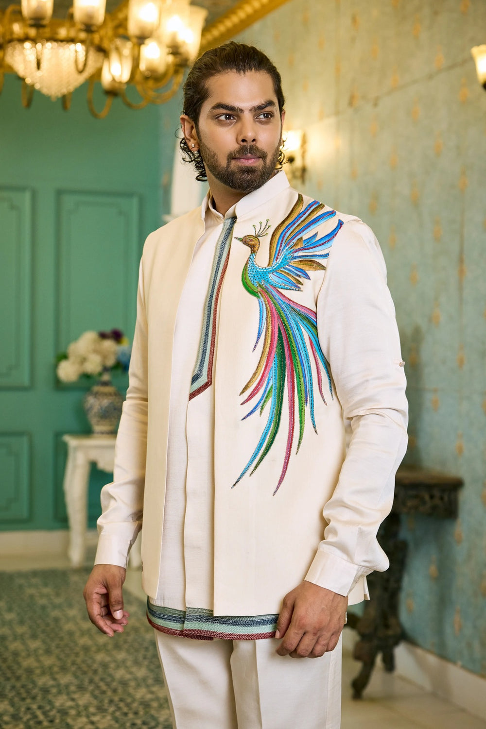 Festive jacket kurta - Ivory Peacock Glory Indo-Western
