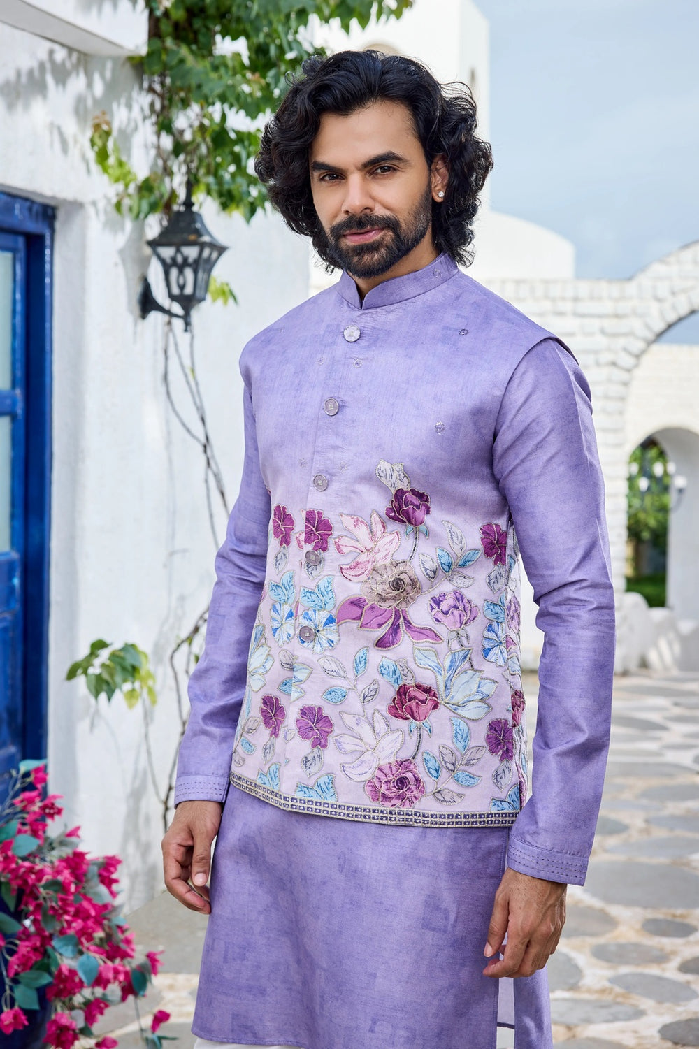 Festive jacket kurta - Lavender Silk Kurta Set with Floral Printed Jacket