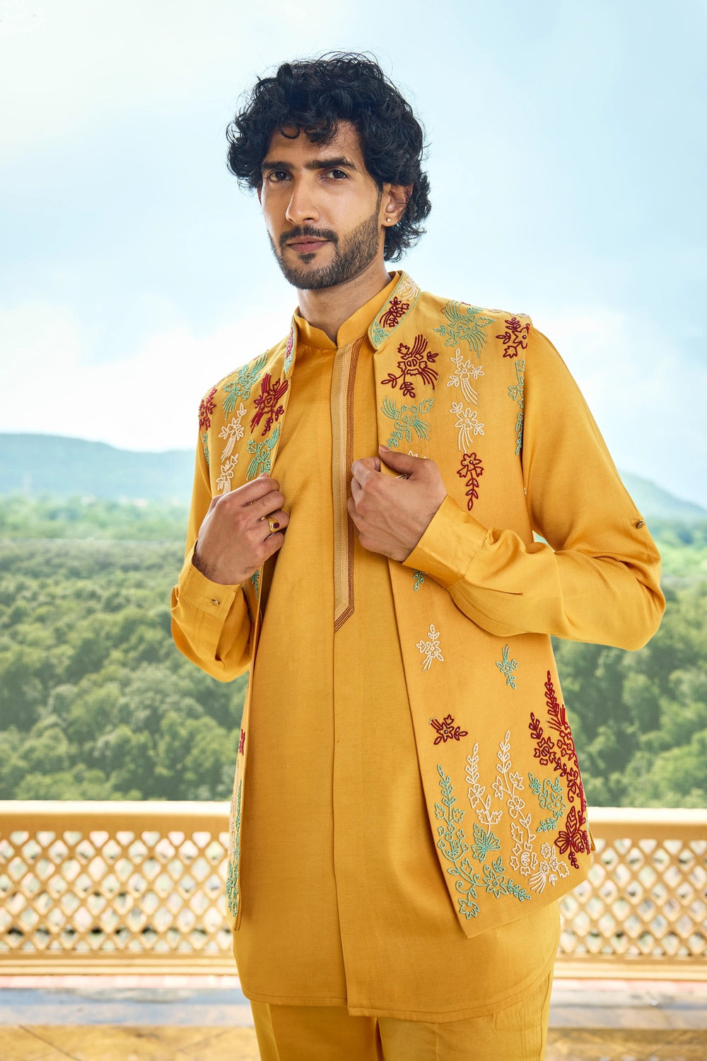 Festive jacket kurta - Mustard Yellow Floral Embroidered Jacket Set
