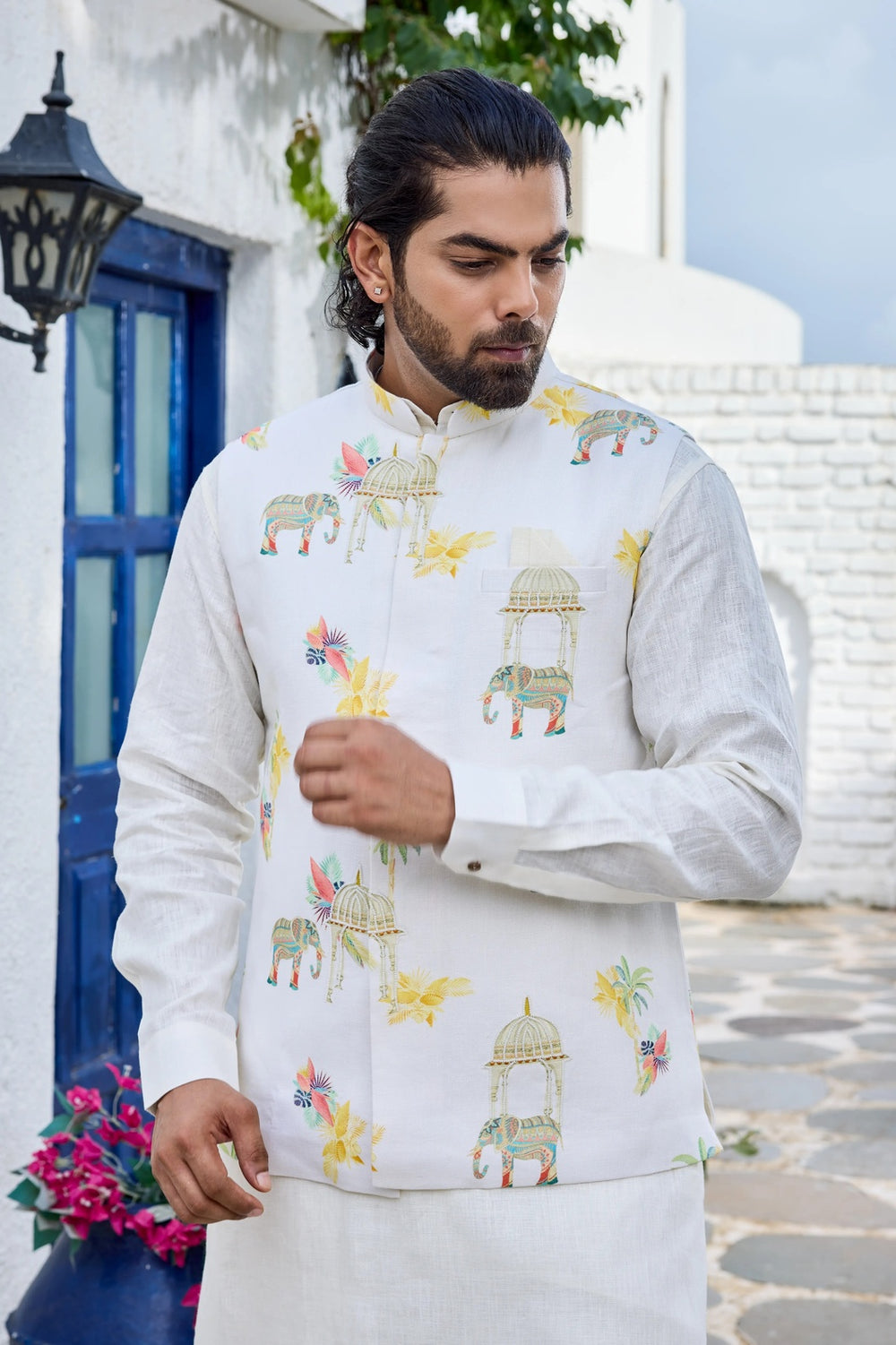 Festive jacket kurta - White Linen Kurta Set with Printed Handwork Jacket
