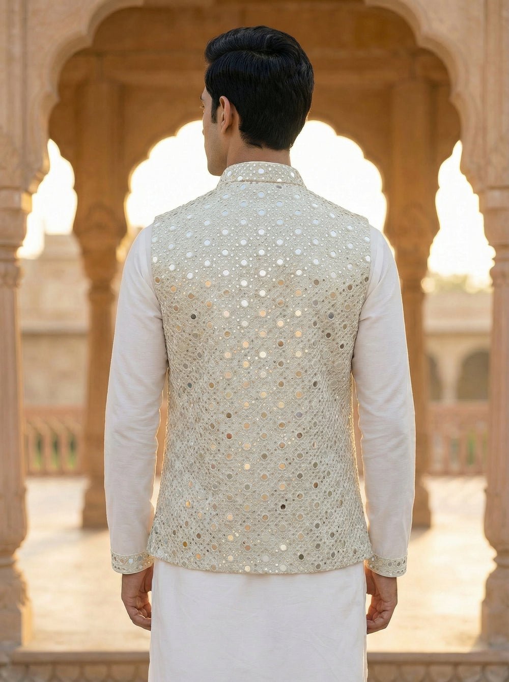 Festive Koti - Ivory Mirror Work Nehru Koti for Men