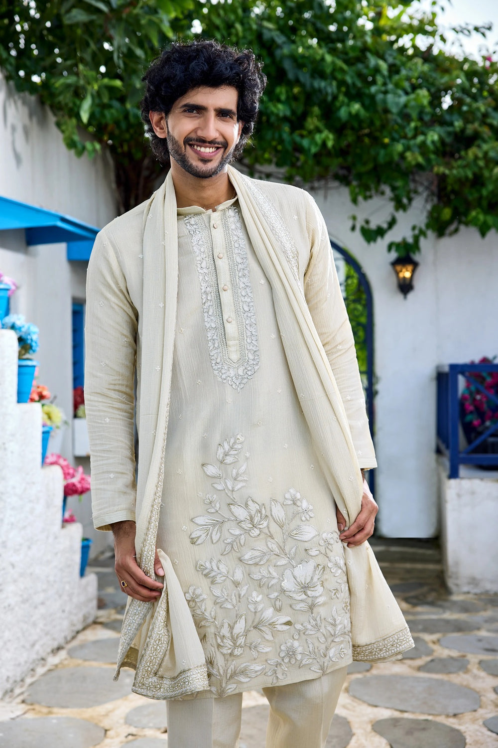 Festive kurta - Ivory Floral Embroidered Kurta Set with Dupatta
