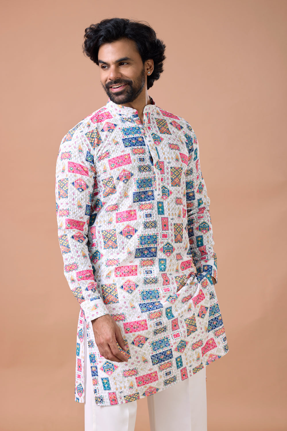 Festive Mosaic Print Kurta with White Pants