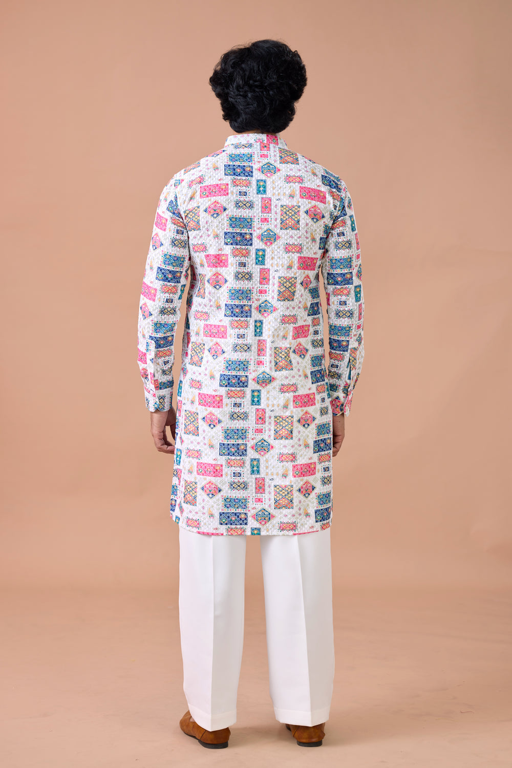 Festive Mosaic Print Kurta with White Pants