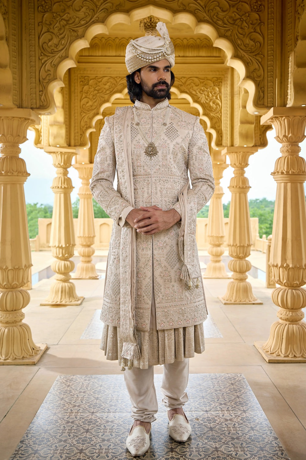 Groom sherwani - Beige Gold Jardozi Sherwani with Pearl Handwork