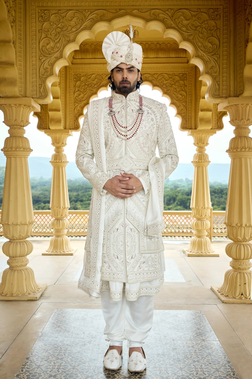Groom sherwani - Ivory Maharaja Wedding Sherwani with Maroon Touch