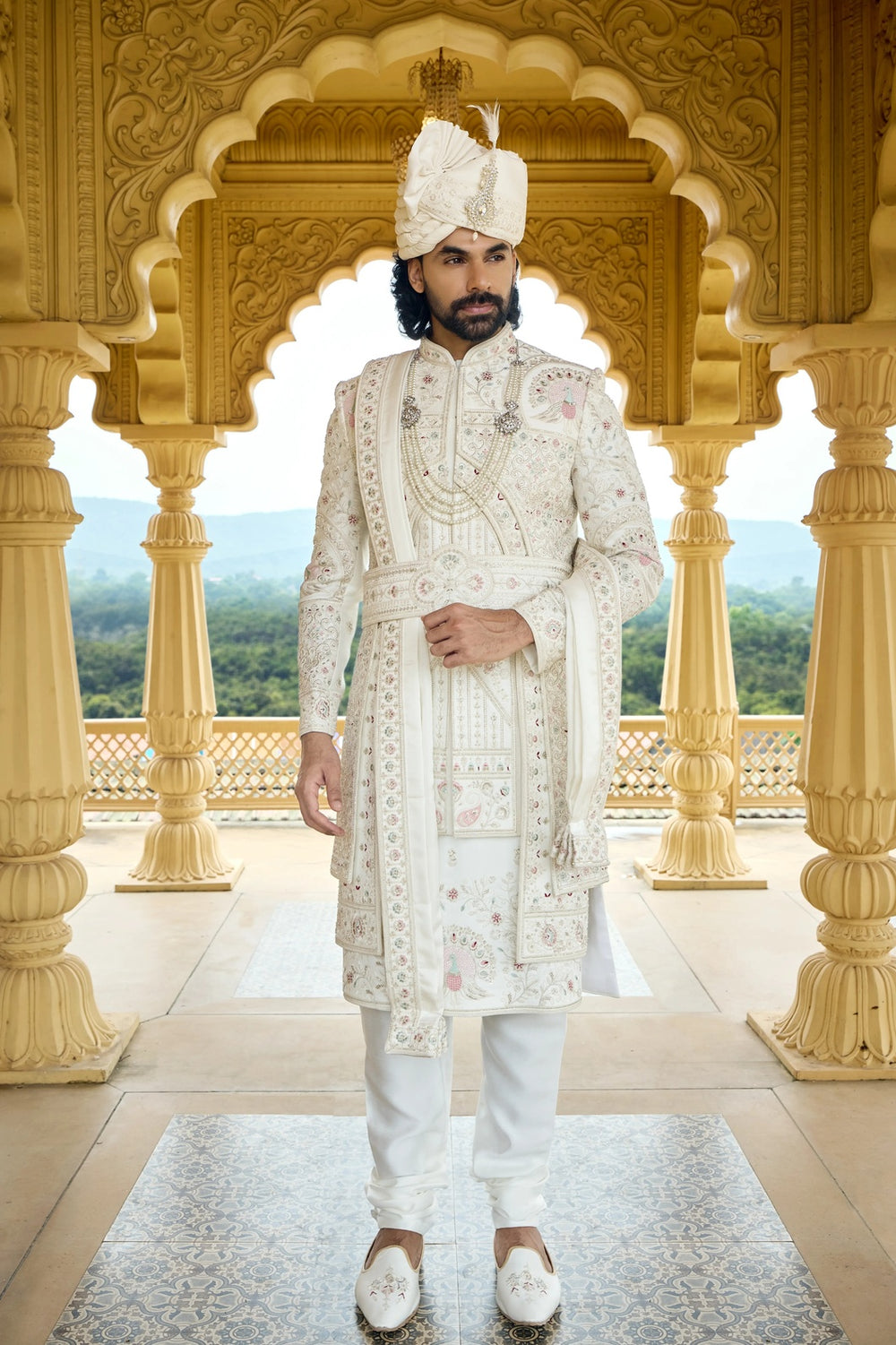 Groom sherwani - Ivory Pastel Embroidered Groom Sherwani with Belt & Dupatta