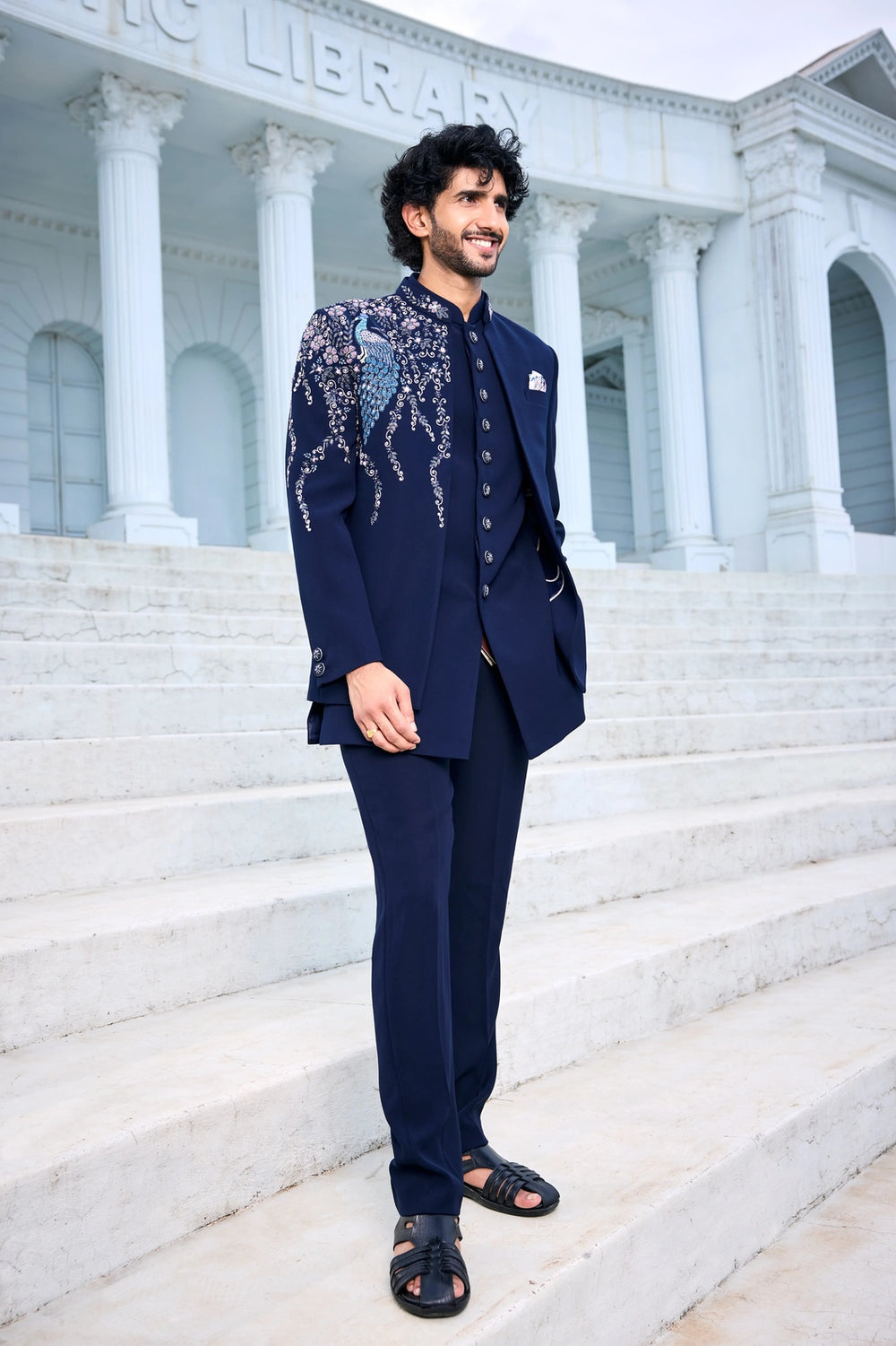 Indo-western suit - Navy Blue Indo-Western with Peacock Handwork
