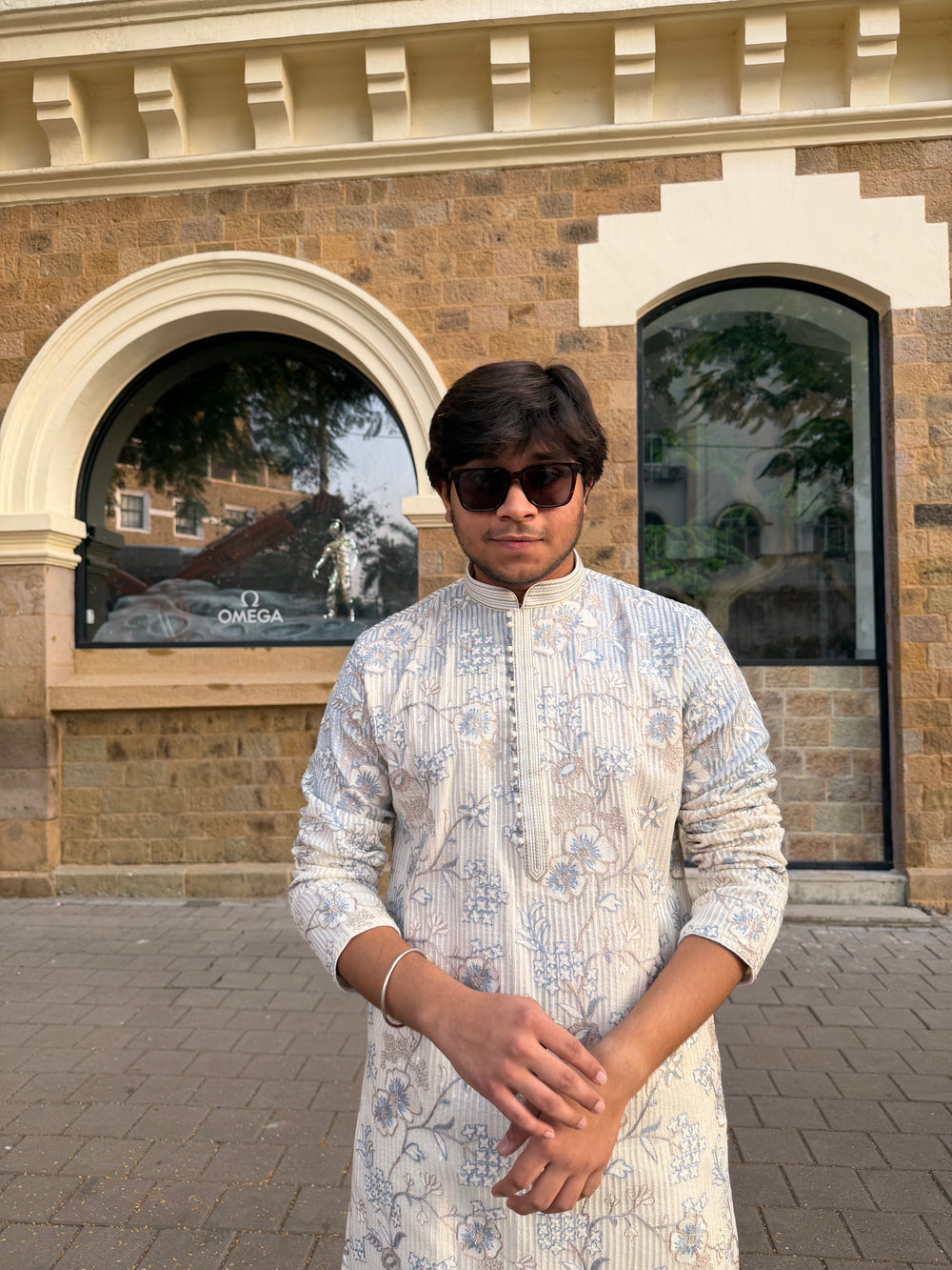 Ivory Blue Floral Embroidered Kurta for Men