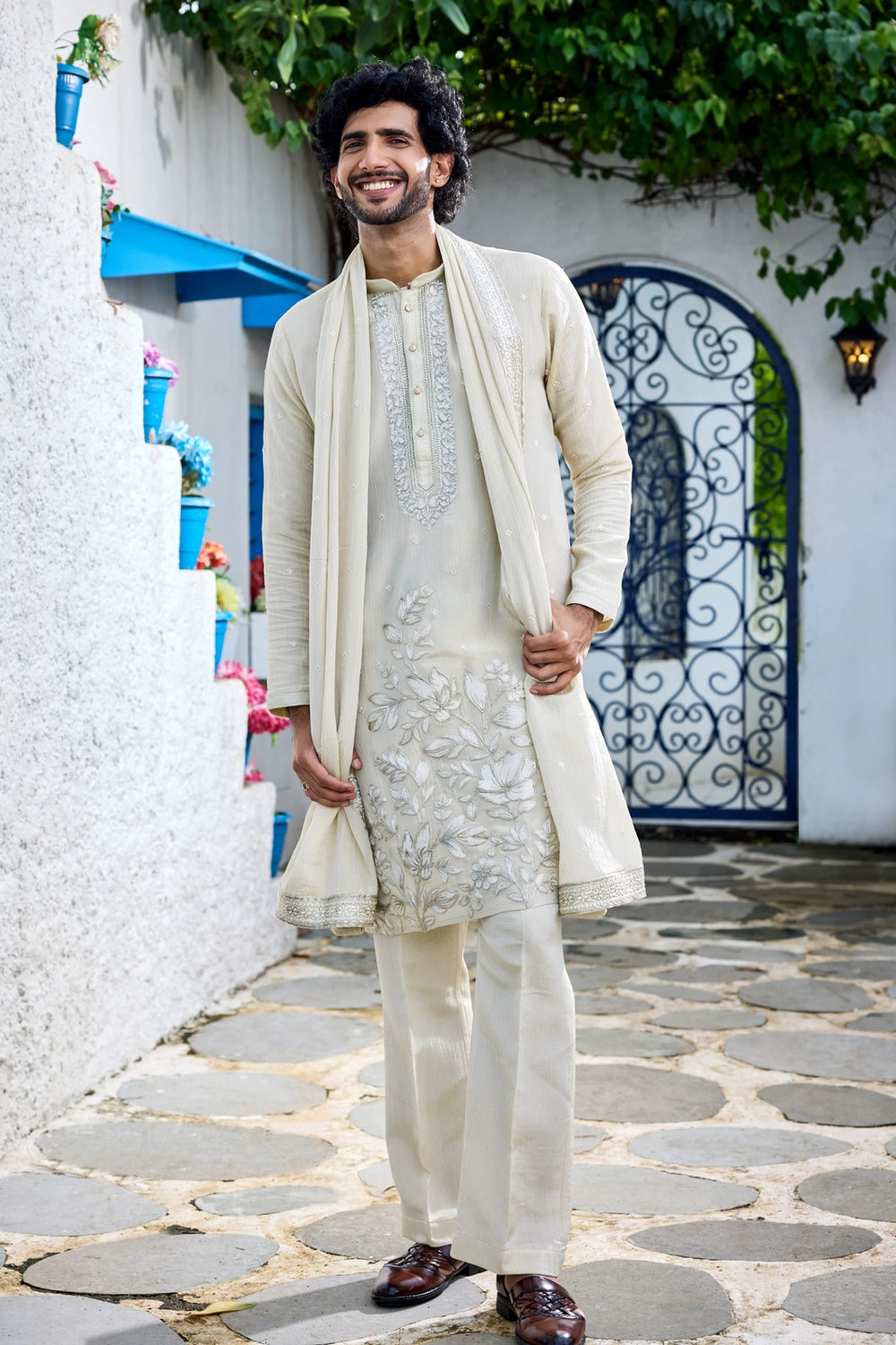 Ivory Floral Embroidered Kurta Set with Dupatta