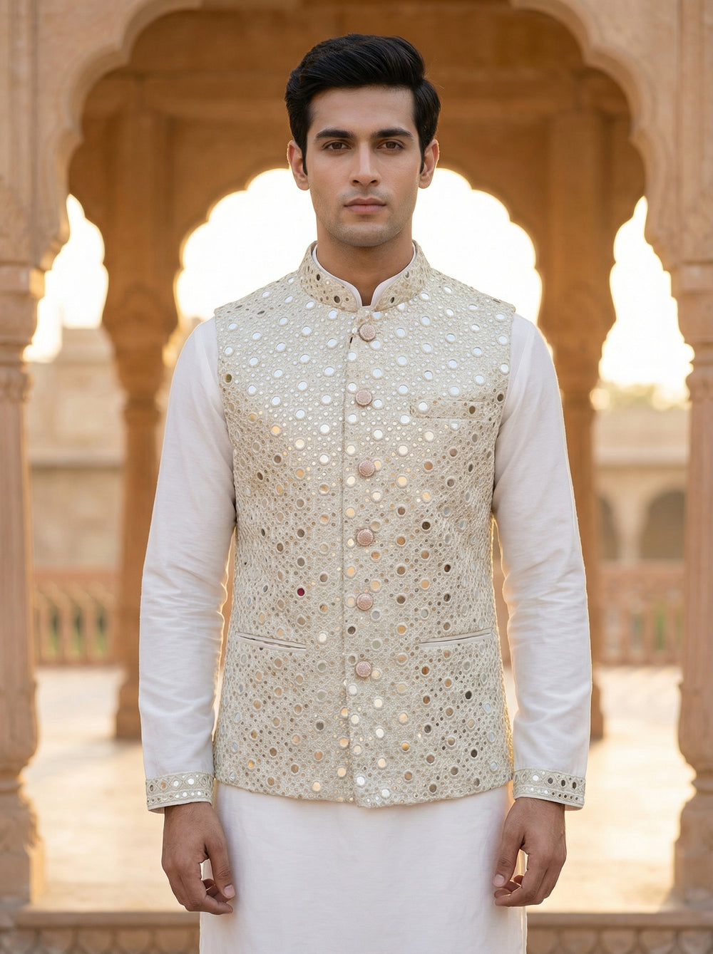 Ivory Mirror Work Nehru Koti for Men