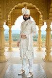 Ivory Pastel Embroidered Groom Sherwani with Belt & Dupatta