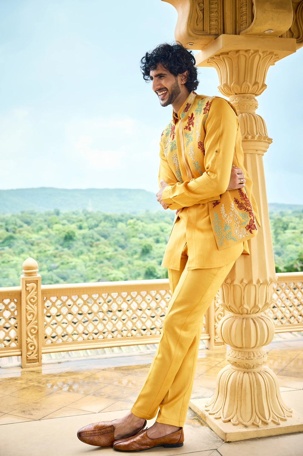 Jacket kurta set - Mustard Yellow Floral Embroidered Jacket Set