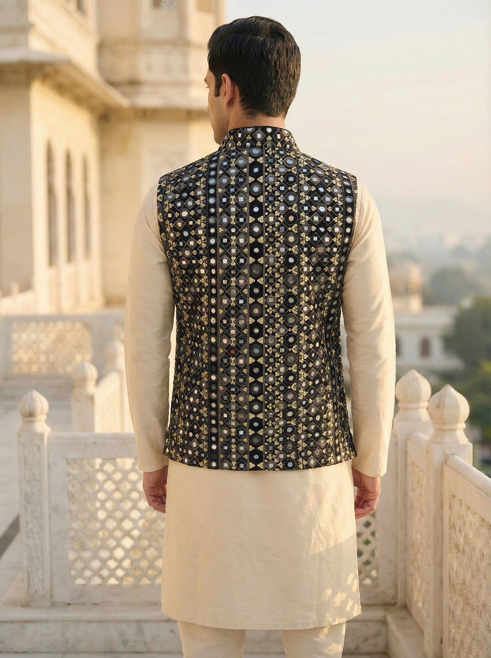 Koti Collection - Black Gold Mirror Work Nehru Koti for Men