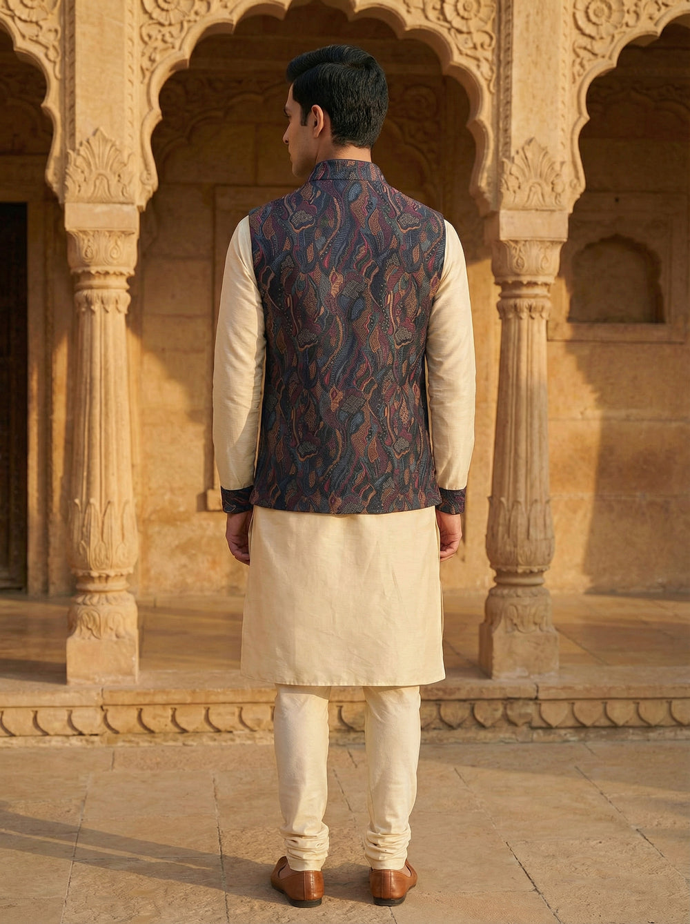 Koti Set - Dark Wine Woven Pattern Nehru Koti for Men