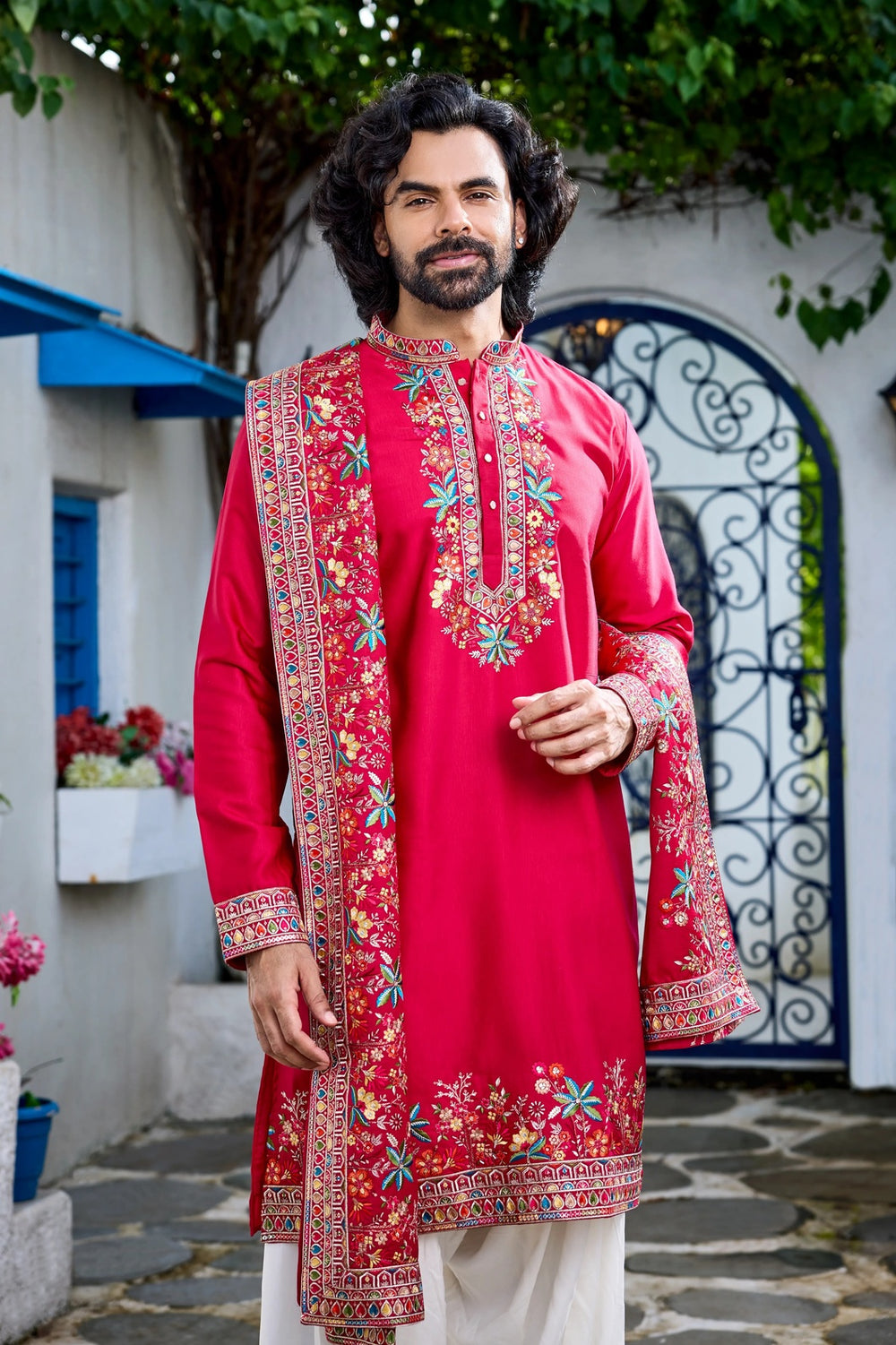 Kurta Collection – Dark Pink Floral Embroidered Kurta Set with Dupatta