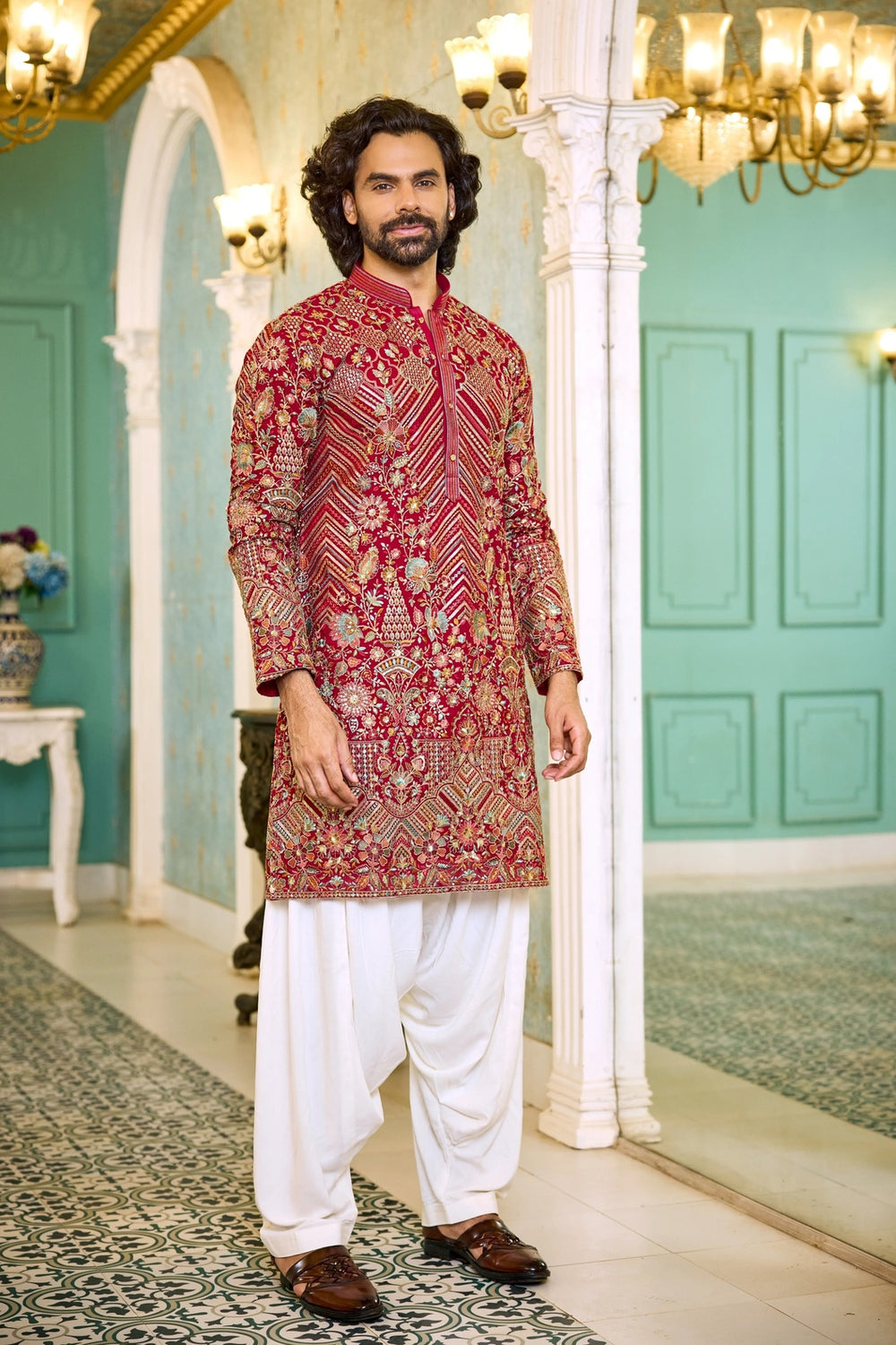 Kurta Collection for men's - Regal Red Embroidered Kurta Pajama