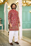 Kurta Collection for men's - Regal Red Embroidered Kurta Pajama